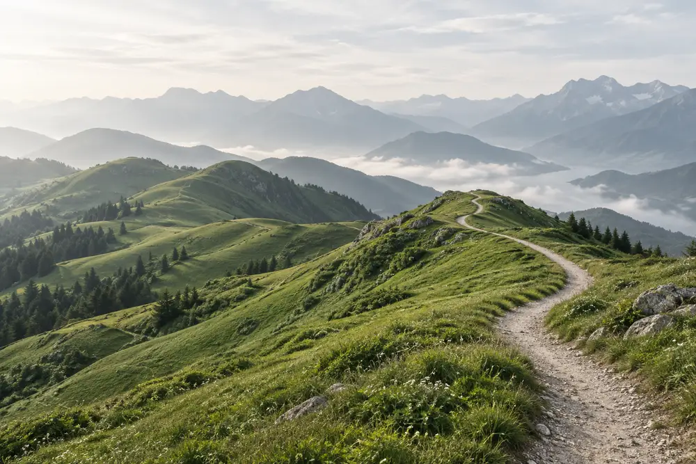 A winding trail through green hills