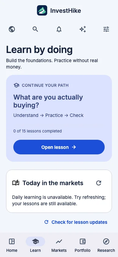 InvestHike learning courses and lesson progress
